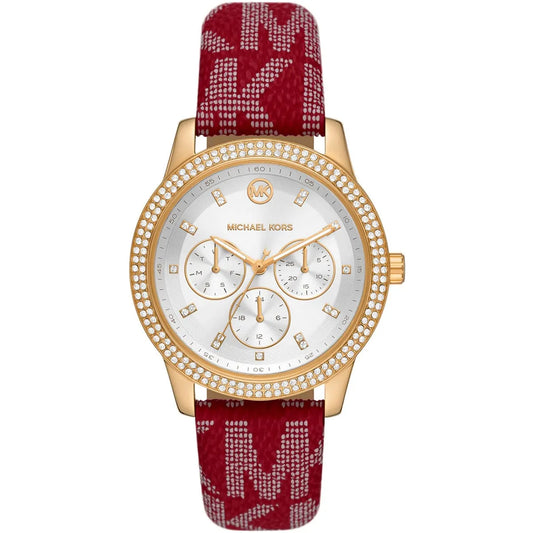 Michael Kors Tibby multifunction watch with white dial, three subdials, crystal bezel, gold case, and red MK logo strap