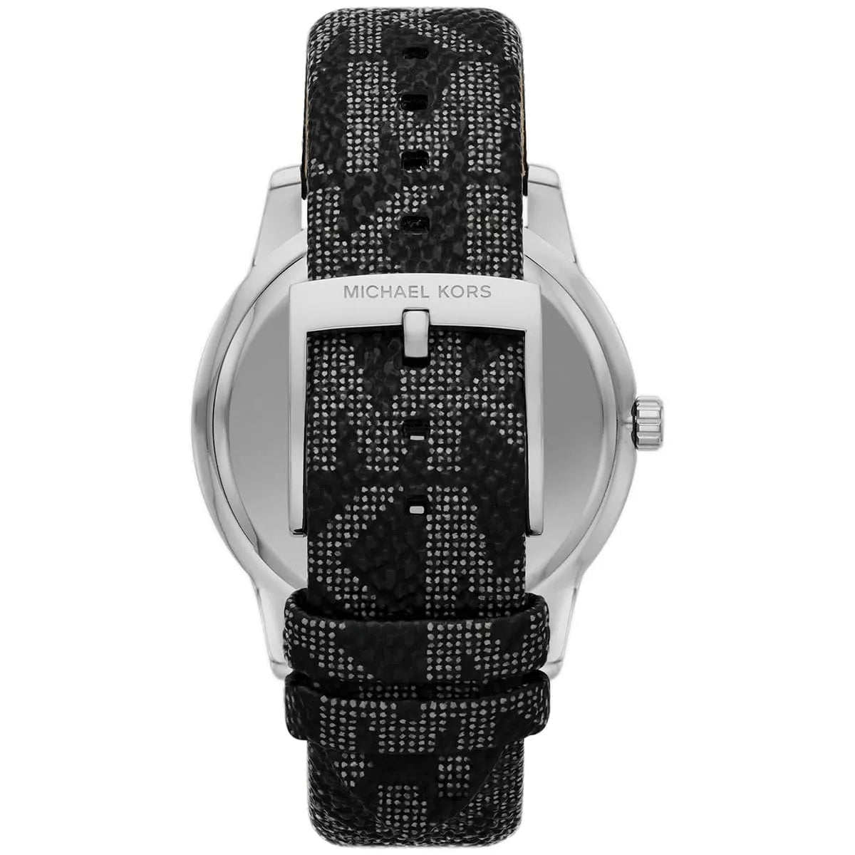 Rear view of Michael Kors Tibby watch showing case back and black leather strap with MK logo