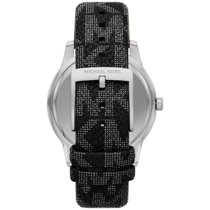 Rear view of Michael Kors Tibby watch showing case back and black leather strap with MK logo