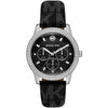 Michael Kors Tibby chronograph women's watch with black dial, silver case, crystal bezel, and black leather strap