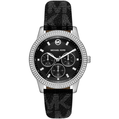 Michael Kors Tibby chronograph women's watch with black dial, silver case, crystal bezel, and black leather strap