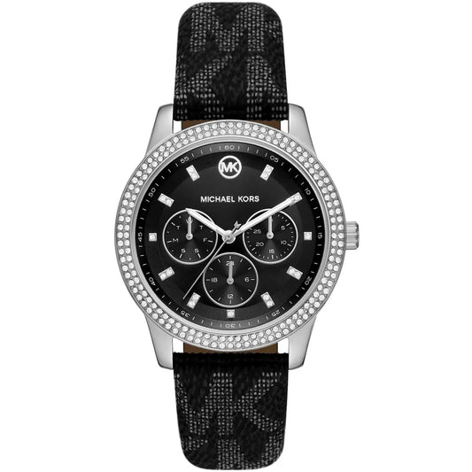 Michael Kors Tibby chronograph women's watch with black dial, silver case, crystal bezel, and black leather strap