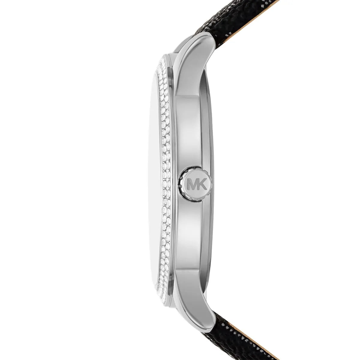 Side view of Michael Kors Tibby watch showing silver case profile with crystal-set bezel and black leather strap