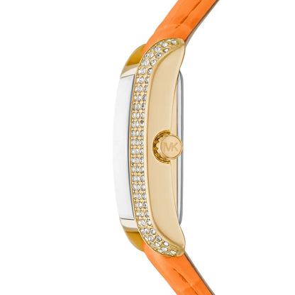 Side view of Michael Kors Emery watch showing crystal-set bezel, case profile, and orange leather strap