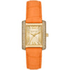 Michael Kors Emery watch with gold-tone case, crystal bezel, champagne dial with Roman numerals, and orange leather strap