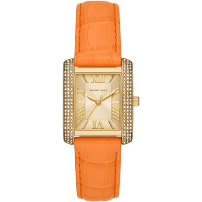 Michael Kors Emery watch with gold-tone case, crystal bezel, champagne dial with Roman numerals, and orange leather strap