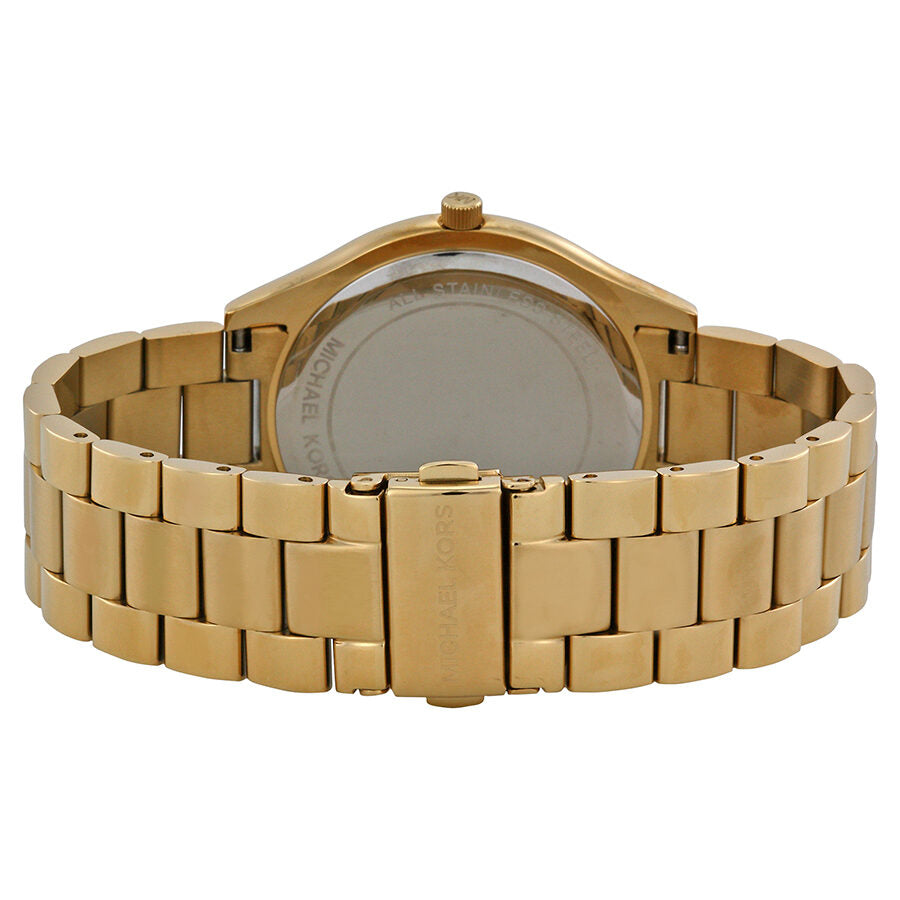 Michael Kors Runway watch caseback showing gold-tone stainless steel bracelet and case