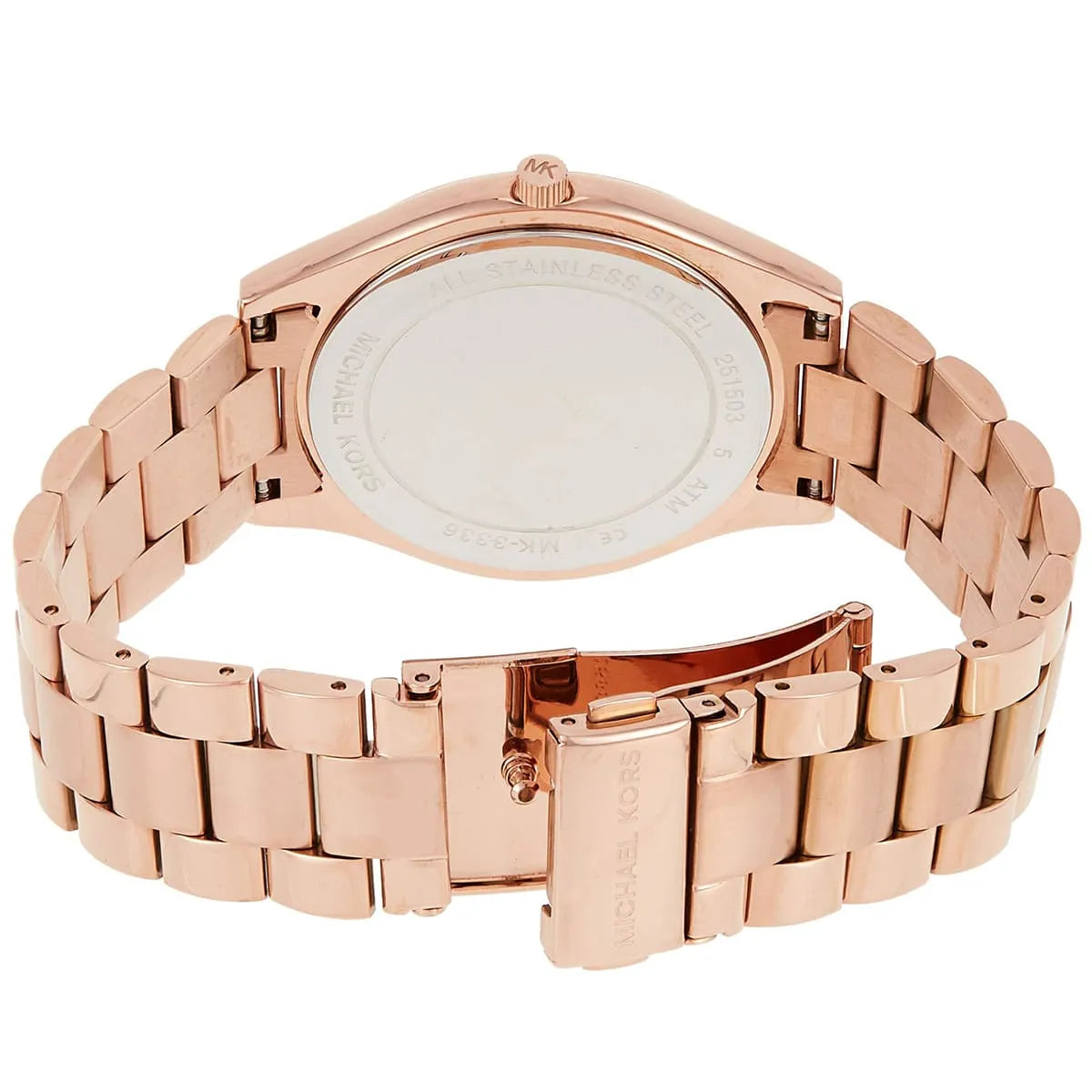 Michael Kors Runway MK3336 rose gold women's watch angled side view with metal bracelet strap