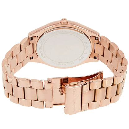 Michael Kors Runway MK3336 rose gold women's watch angled side view with metal bracelet strap