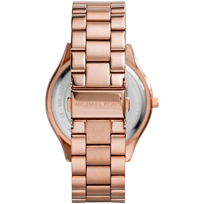 Michael Kors Runway MK3336 rose gold women's watch caseback showing metal bracelet and clasp