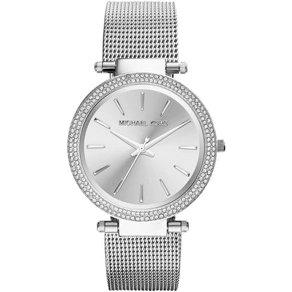 Michael Kors Darci women's watch with silver dial, crystal-studded bezel, and mesh strap