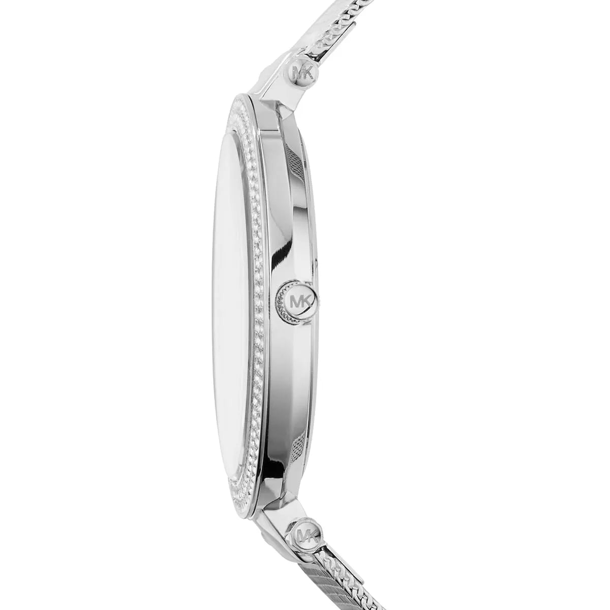 Michael Kors Darci watch side profile with crystal bezel and mesh strap