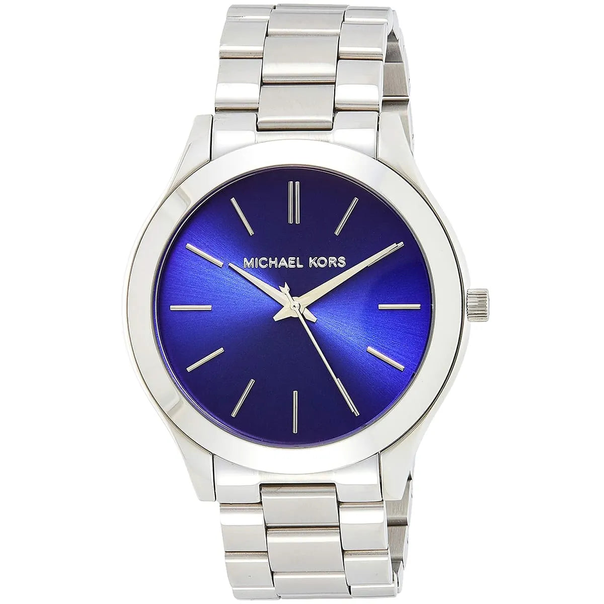 Michael Kors MK3379 watch with blue sunburst dial and three-hand quartz movement