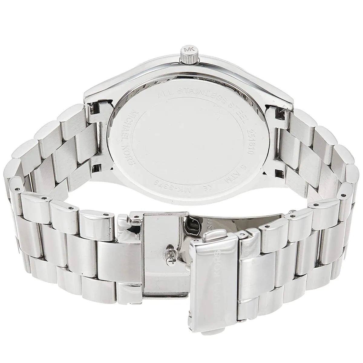 Michael Kors MK3379 watch caseback and stainless steel band clasp