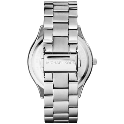 Michael Kors Slim Runway watch side view showing silver stainless steel bracelet