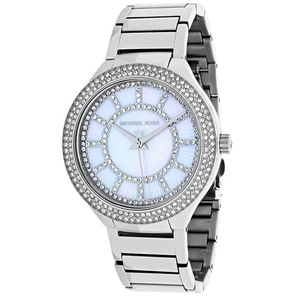 Michael Kors Kerry watch angled view showing blue dial with applied hour markers and crystal pavé bezel detail