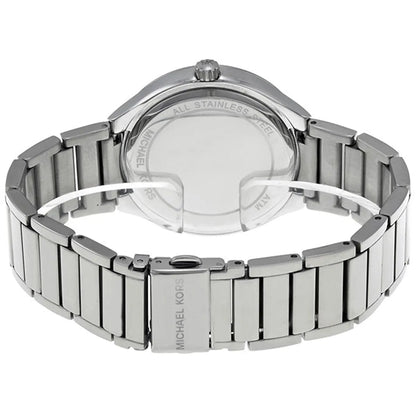 Michael Kors Kerry watch caseback showing stainless steel with engraved text and transparent display