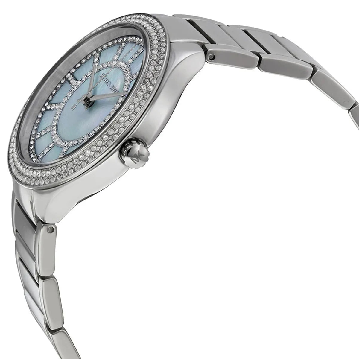 Side view of Michael Kors Kerry watch displaying silver stainless steel case and metal bracelet
