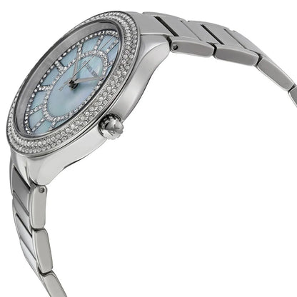 Side view of Michael Kors Kerry watch displaying silver stainless steel case and metal bracelet