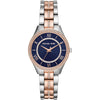 Michael Kors Lauryn women's watch with blue dial, rose gold bezel, and two-tone silver and rose gold strap