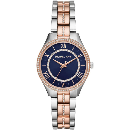 Michael Kors Lauryn women's watch with blue dial, rose gold bezel, and two-tone silver and rose gold strap