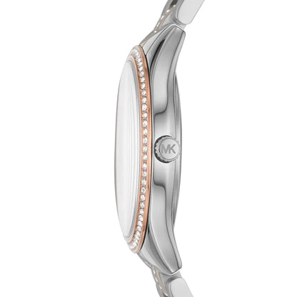 Side profile of Michael Kors Lauryn watch showing case thickness and crystal-set rose gold bezel
