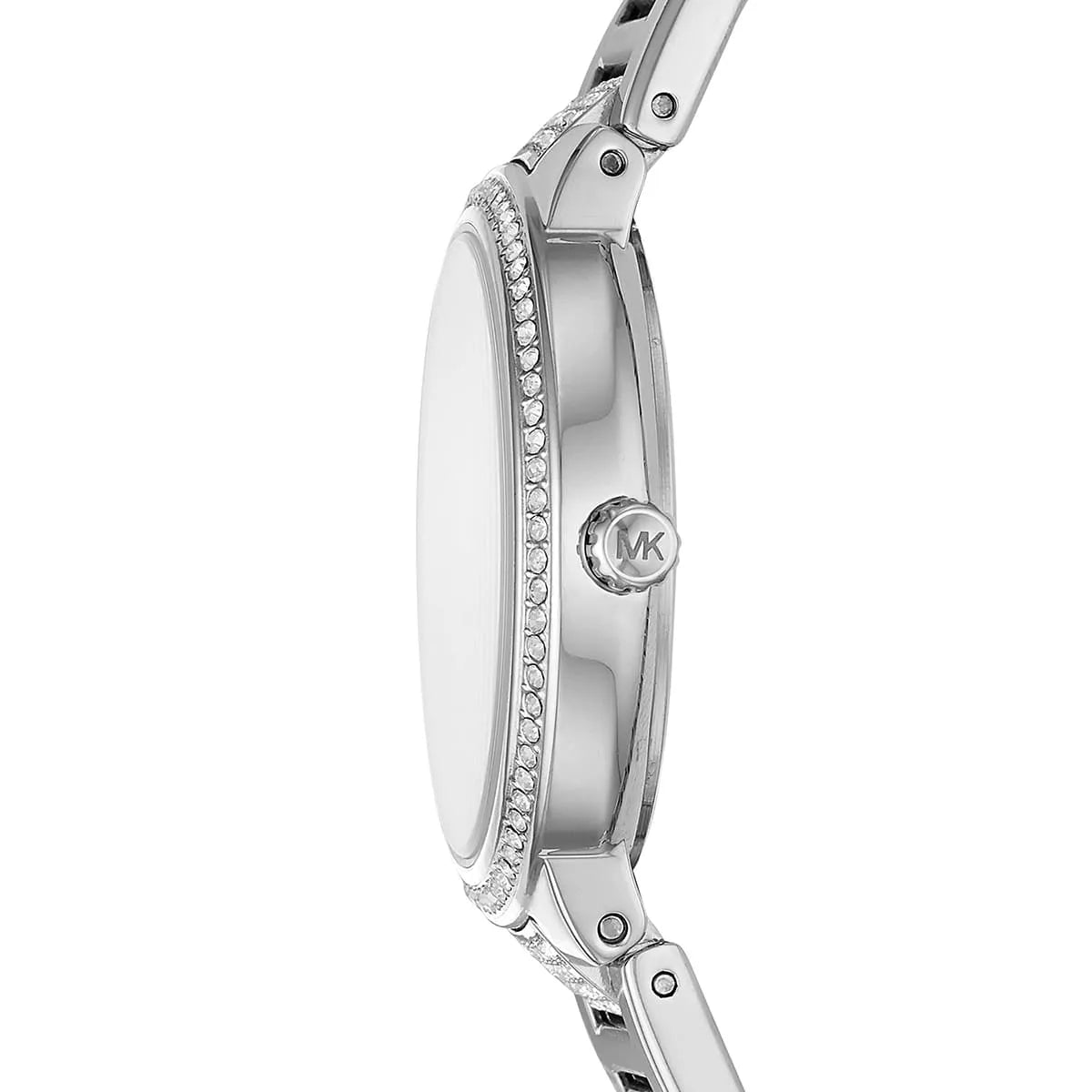 Michael Kors Gabbi Glitz watch side profile showing crystal-embellished case and bracelet