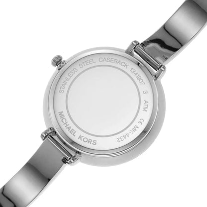 Caseback of Michael Kors Charley watch with stainless steel case back engraving and bangle strap