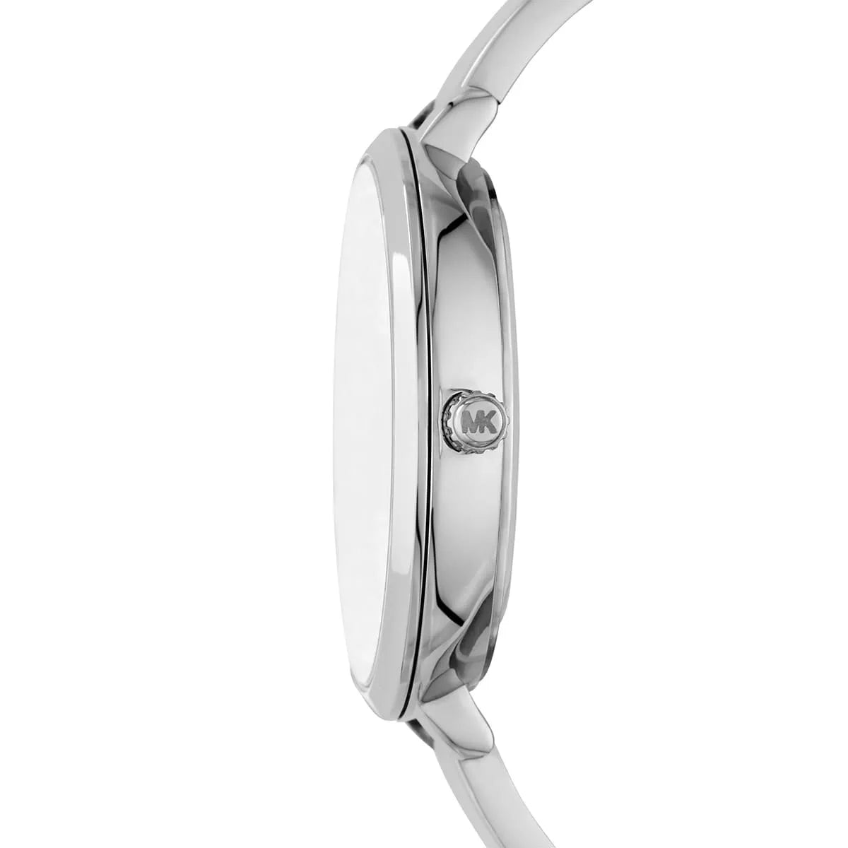 Side view of Michael Kors Charley watch showing silver metal case and bangle strap