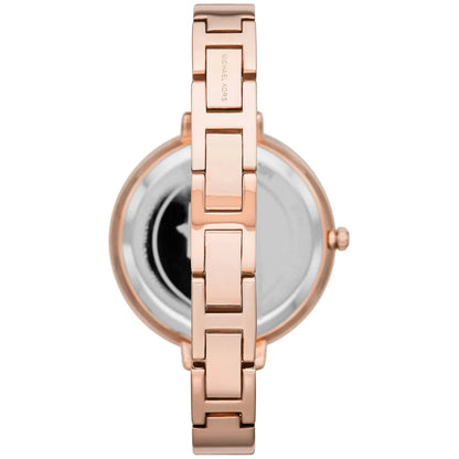 Back view of Michael Kors Charley watch displaying caseback and rose gold metal strap links