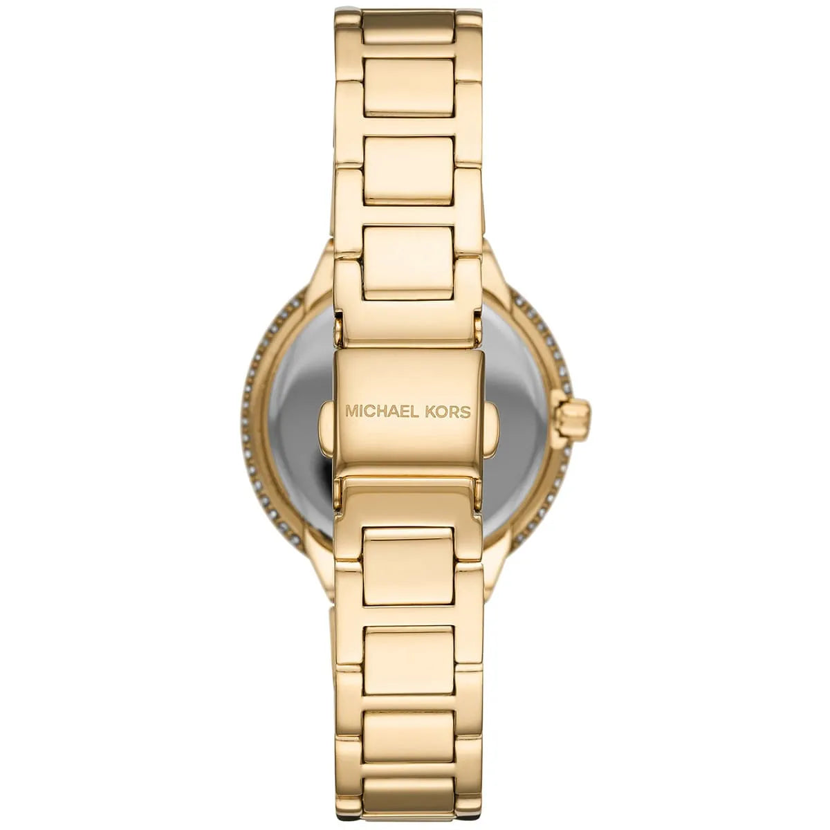 Michael Kors Taryn watch caseback showing stainless steel plate with Michael Kors branding