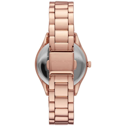 Michael Kors Lauryn rose gold watch caseback showing stainless steel bracelet and case