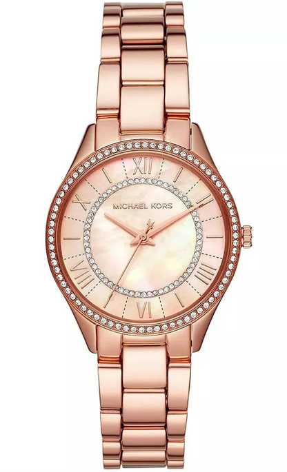 Michael Kors Lauryn rose gold women's watch with crystal bezel and rose gold bracelet