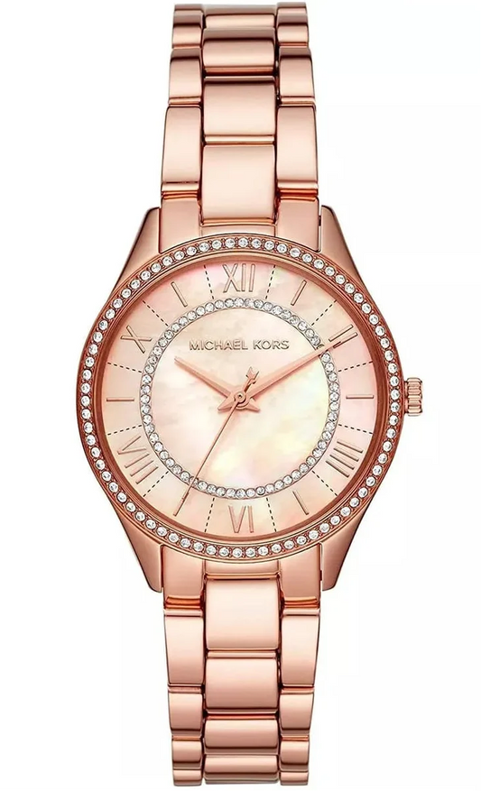 Michael Kors Lauryn rose gold women's watch with crystal bezel and rose gold bracelet