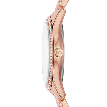 Michael Kors Lauryn watch side view showing rose gold case depth and crystal bezel detail