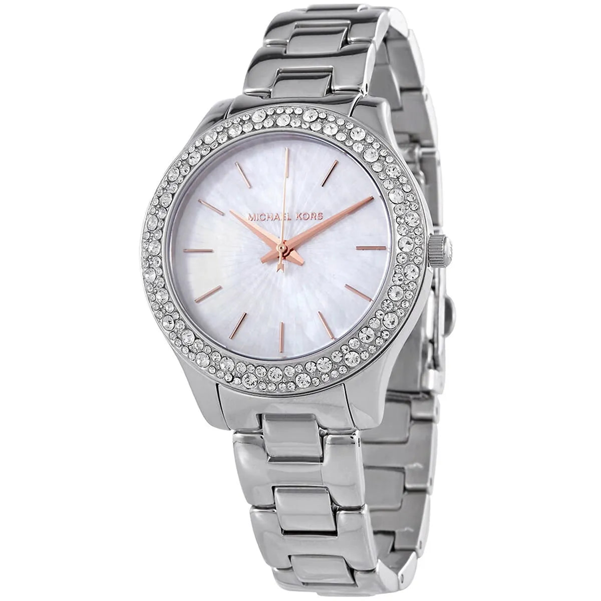 Michael Kors Liliane watch angled view showing white dial with rose gold hands and crystal bezel