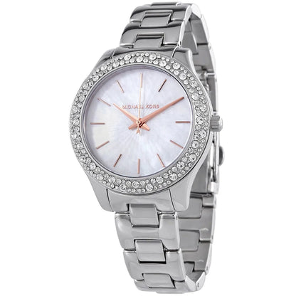 Michael Kors Liliane watch angled view showing white dial with rose gold hands and crystal bezel