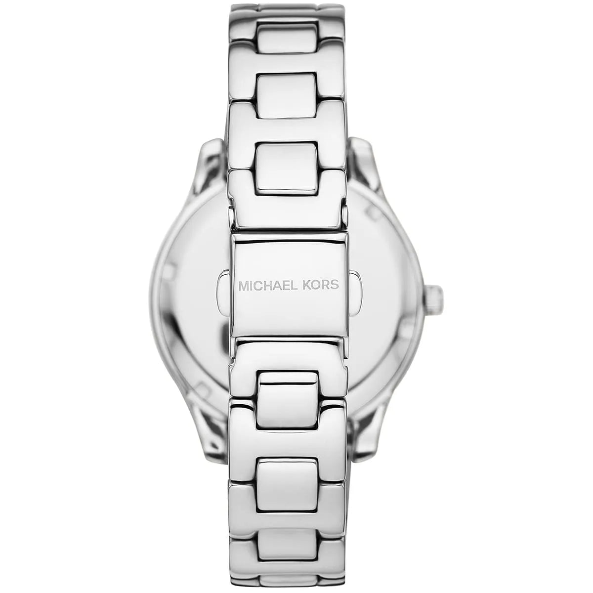 Caseback view of Michael Kors Liliane watch with Michael Kors branding and metal strap