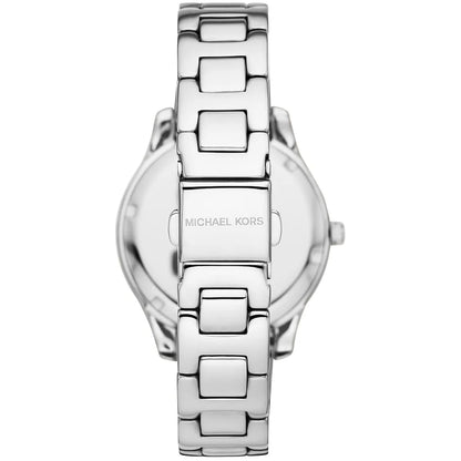 Caseback view of Michael Kors Liliane watch with Michael Kors branding and metal strap