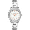 Michael Kors Liliane watch with white mother-of-pearl dial and crystal bezel, silver metal strap