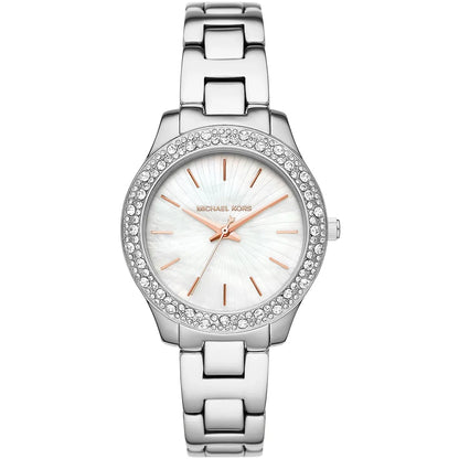 Michael Kors Liliane watch with white mother-of-pearl dial and crystal bezel, silver metal strap