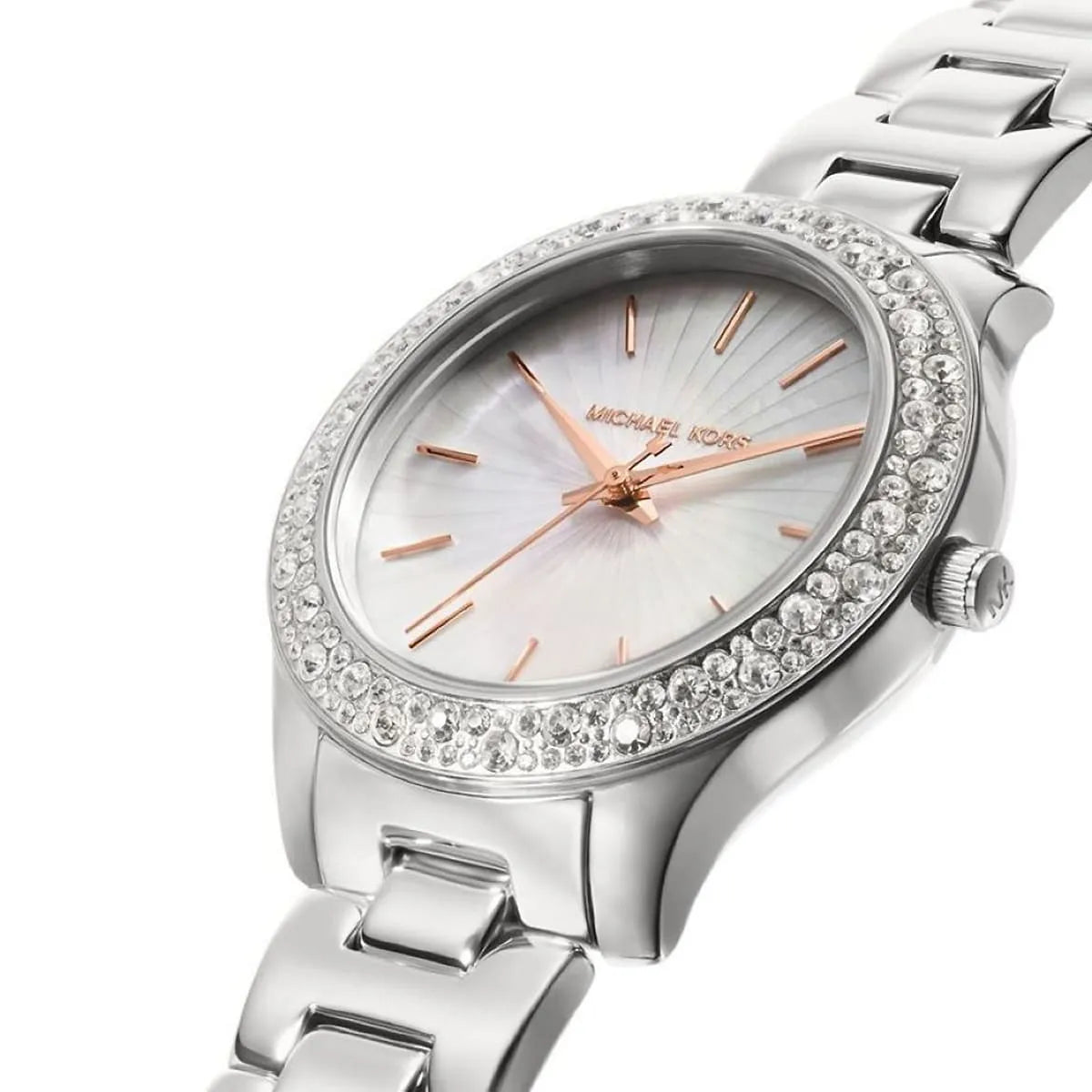 Side profile of Michael Kors Liliane watch showing crystal-set bezel and silver strap