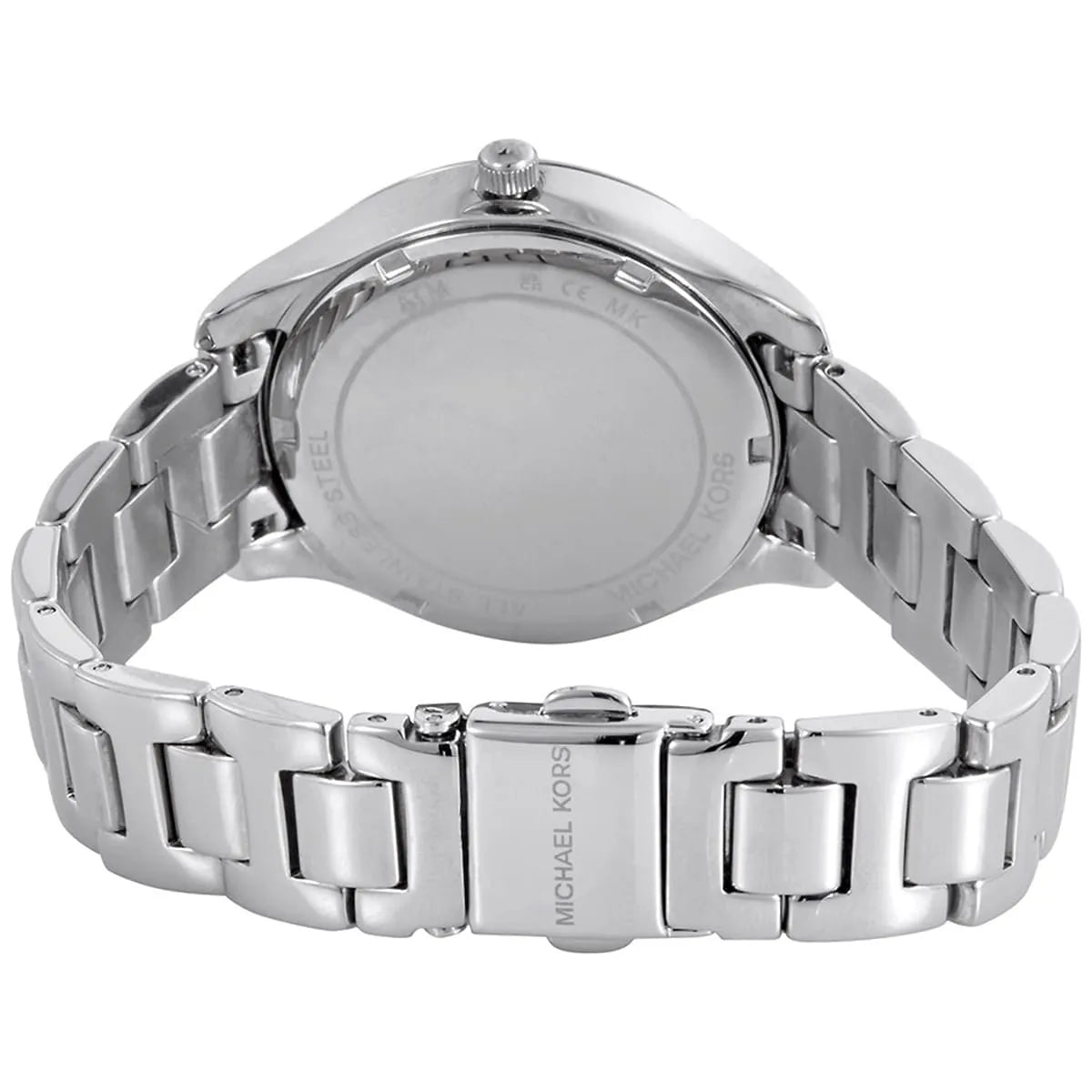 Silver metal bracelet strap of Michael Kors Liliane watch with engraved branding