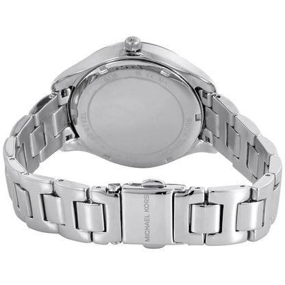 Silver metal bracelet strap of Michael Kors Liliane watch with engraved branding