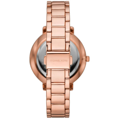 Michael Kors Pyper MK4594 caseback view showing stainless steel rose gold strap