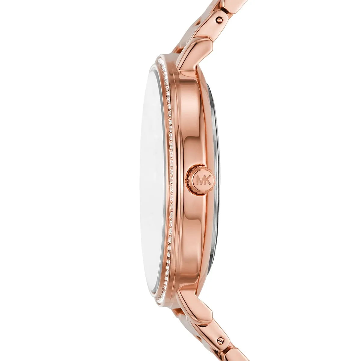Michael Kors Pyper MK4594 side profile showing crystal bezel and rose gold case