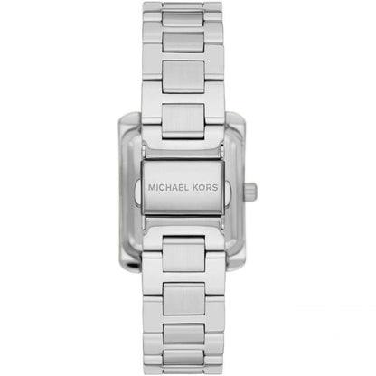 Back view of Michael Kors Emery watch showing case back with Michael Kors branding and silver-tone bracelet