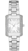 Michael Kors Emery silver-tone women's watch with rectangular dial, crystal-studded bezel, and matching bracelet