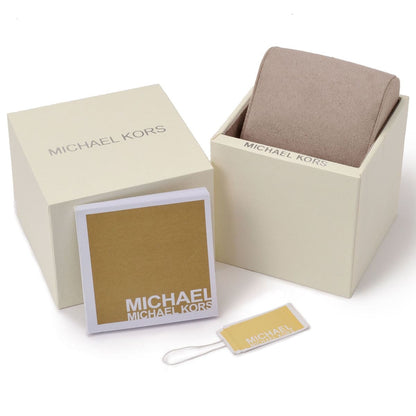 Michael Kors watch presentation box with cream exterior and branded packaging