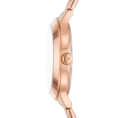 Michael Kors Slim Runway watch side view showing rose gold case and bracelet profile